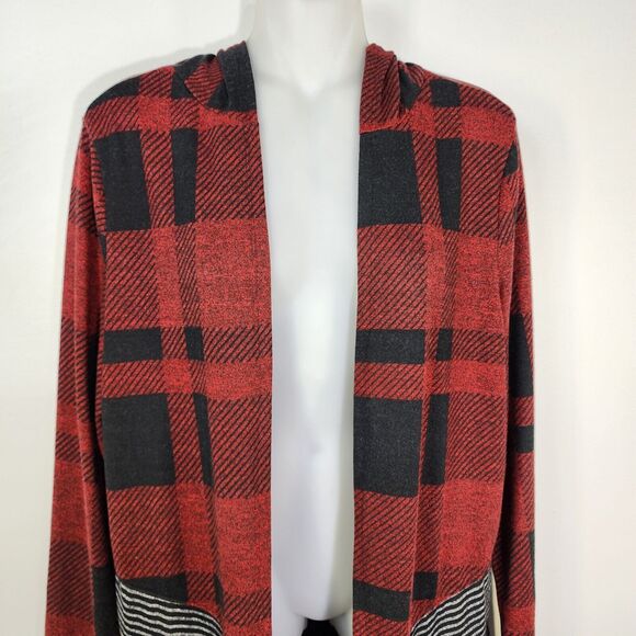 Maurices Womens Hooded Cardigan Medium Buffalo Plaid Block Drape Front Red Black - Picture 4 of 11